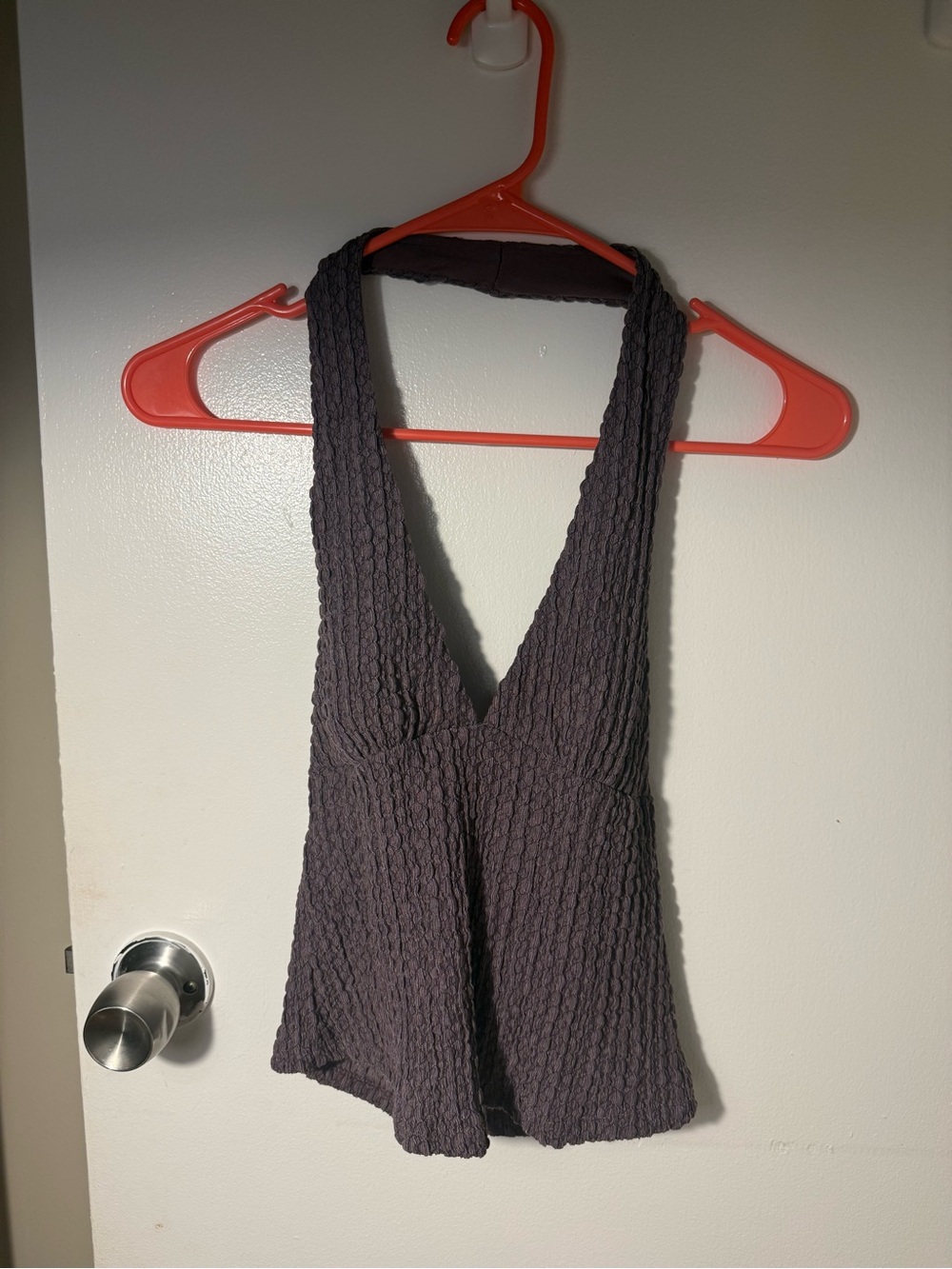 Textured Deep V Halter Top in eggplant